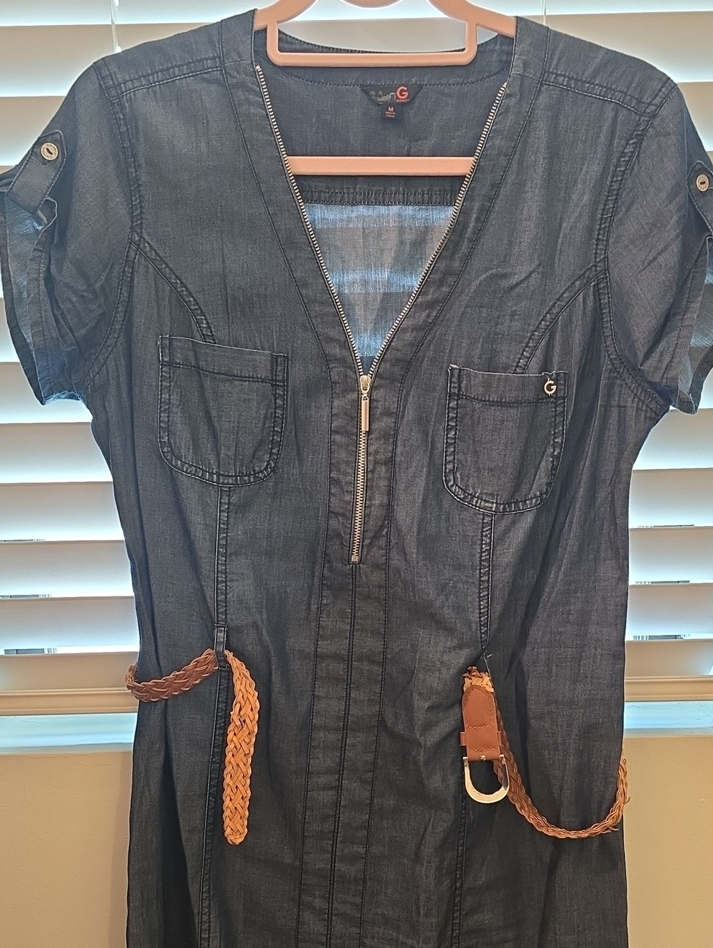 G by Guess Dark Denim Zip-Front Dress with Braided Tan Belt